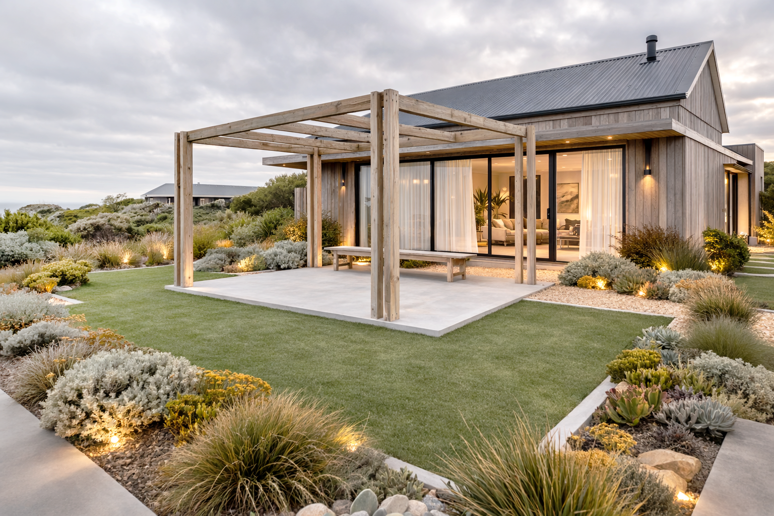 Landscaped residential garden with artificial turf, a pergola and planted beds